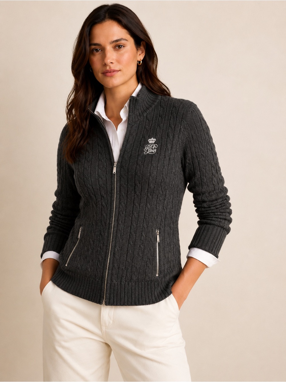 Lauren Ralph Lauren Cable Knit Full Zip Sweater Cardigan Dark Gray XS EUC
